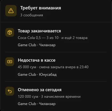 Тревоги: недостача, товар заканчивается, отмены